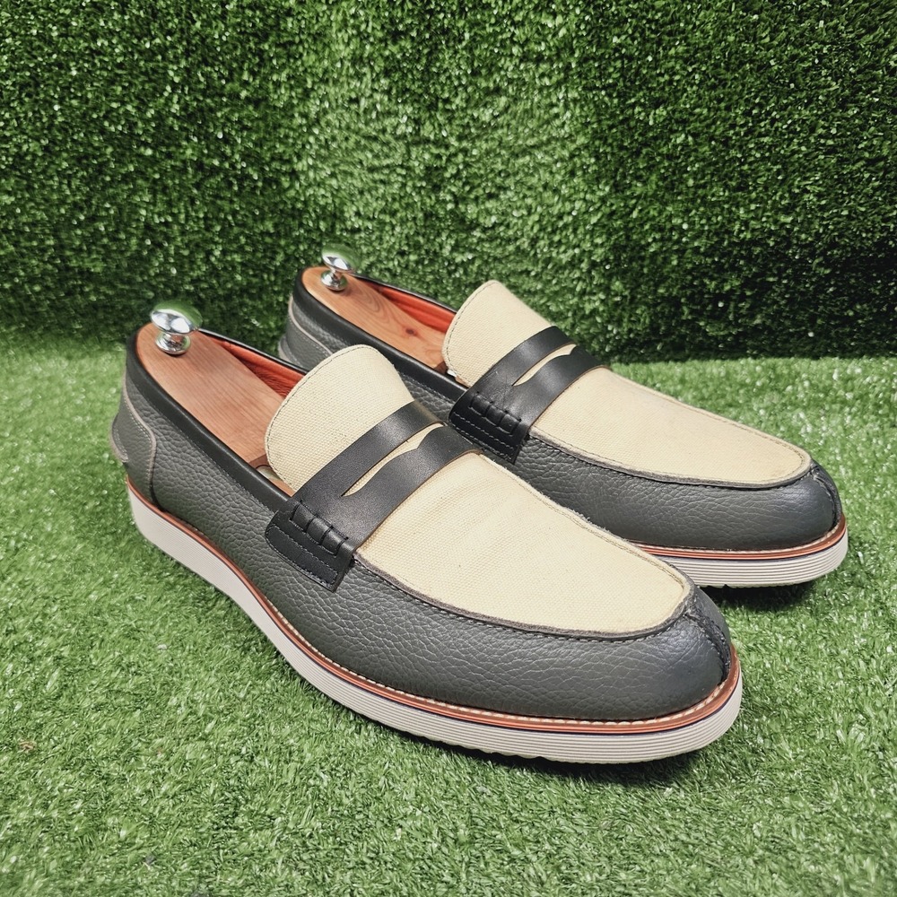 Marc Nolan Abe Blue Leather Biege Canvas Slip On Penny Loafers Mens Size 13